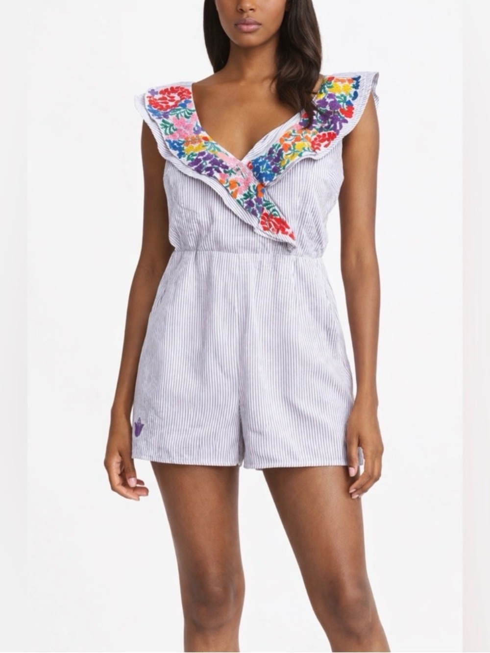 J Marie Purple Stripe Embroidered Romper Pockets Ruffle Floral Garden Size L